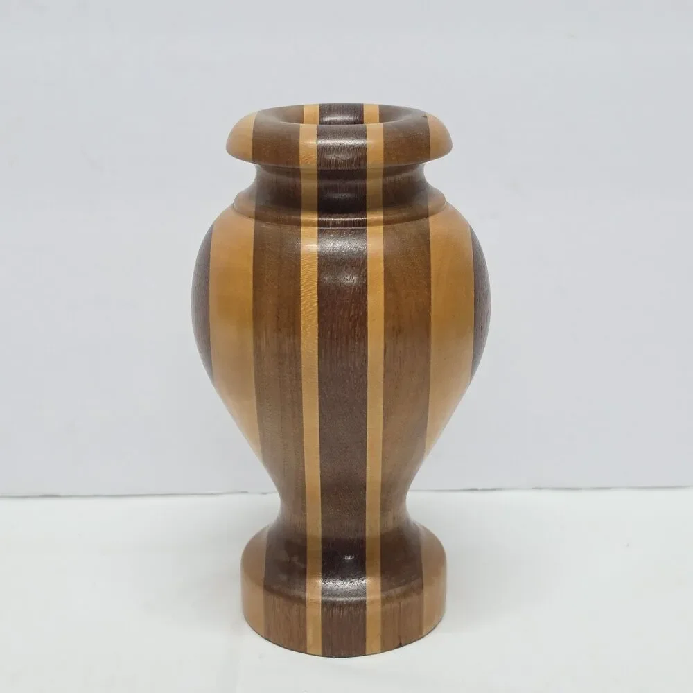 Vintage Hand Turned Wood Marquetry Bud Vase Segmented Layered Mosaic Rustic - Picture 9 of 9